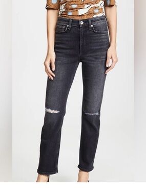 rag & bone Black Washed High-Rise Straight Jeans with Knee Distress